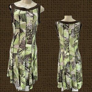 Sandra Darren 10 Green-Brown Abstract Seam Detail Sleeveless Knee Length Dress